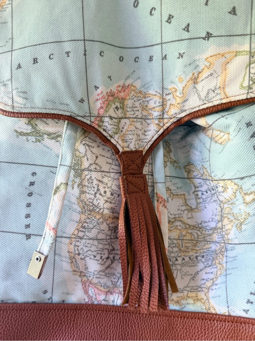World Map Backpack w Brown Faux Leather Accents and Silver Tone Hardware NEW